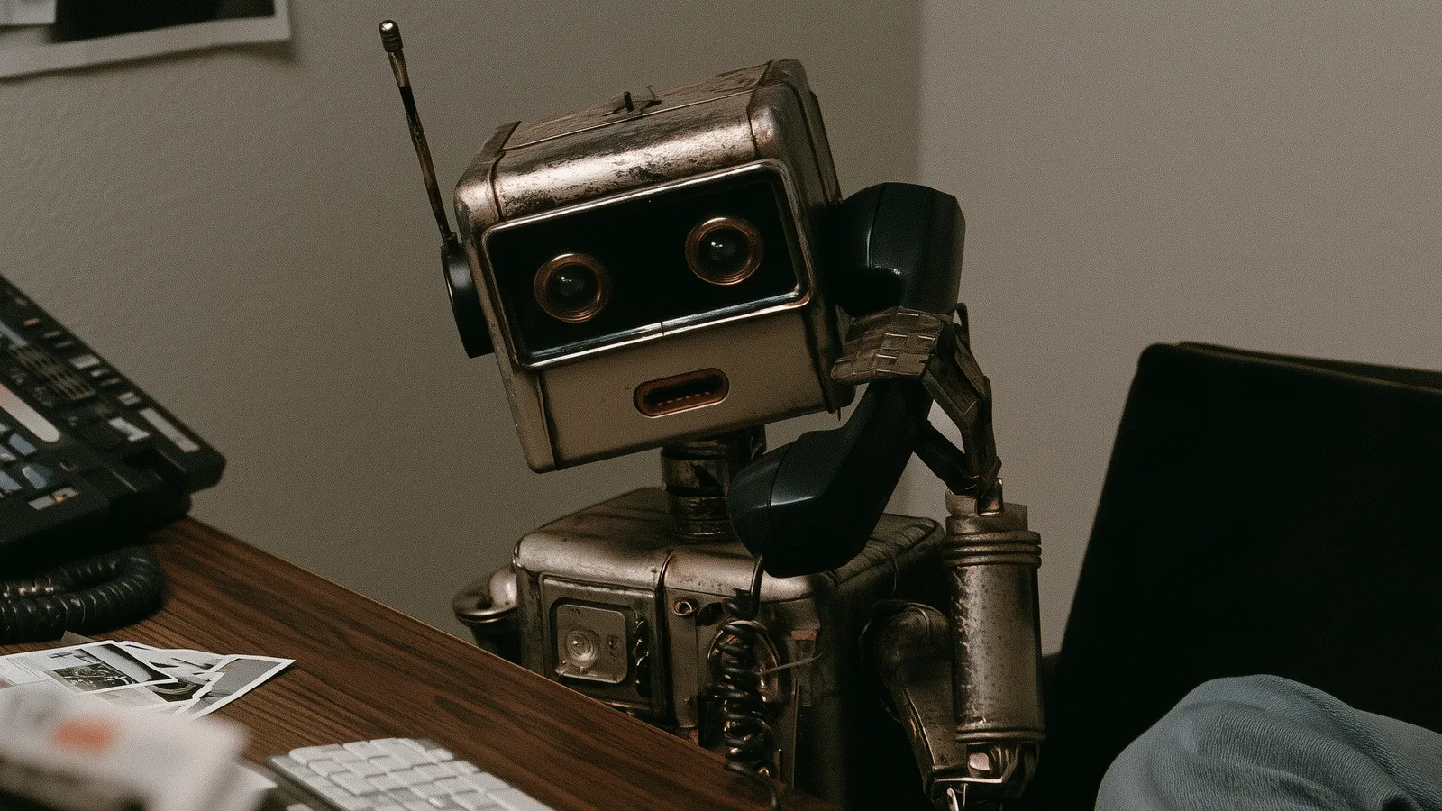 A retro robot holding a telephone receiver at a desk.