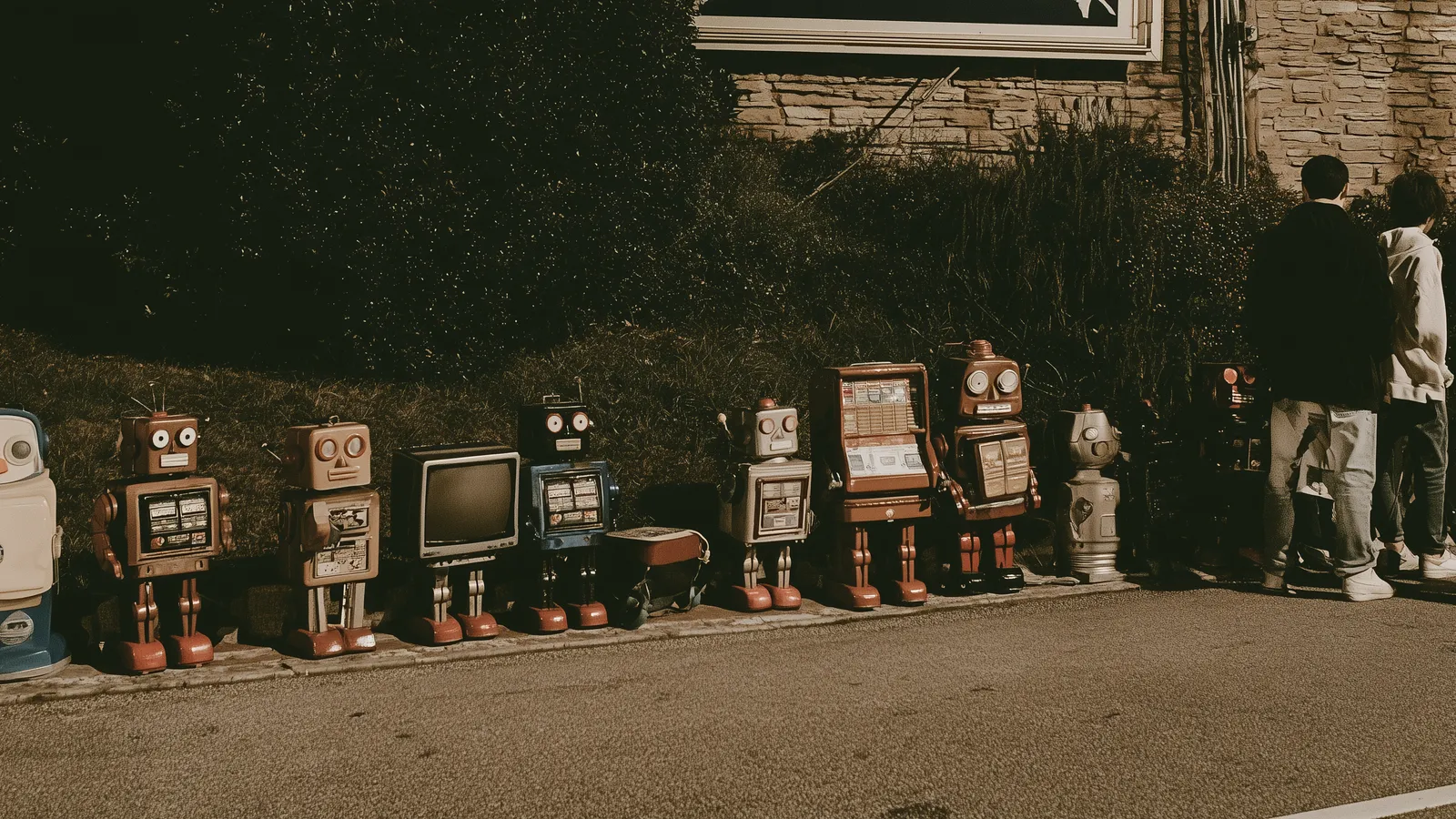 Illustration of different robots lined up along a pavement, waiting to be chosen.