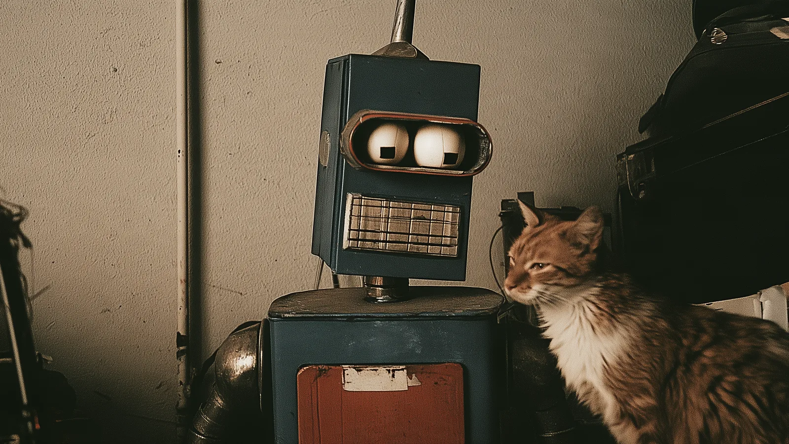 A retro robot sitting beside an orange and white cat.