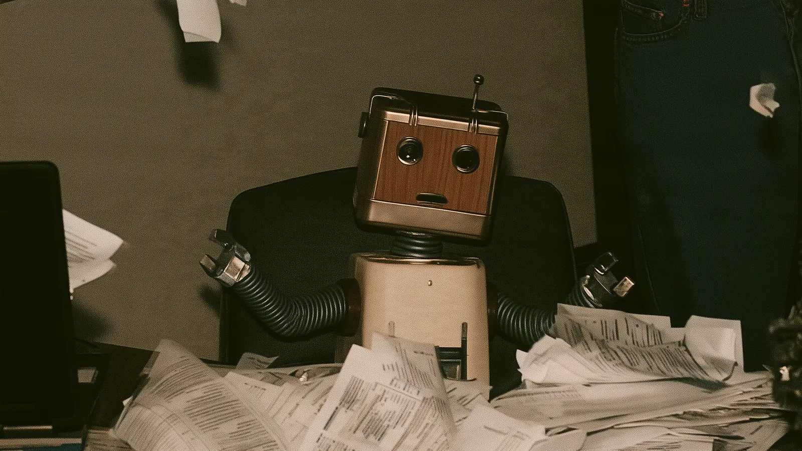 A retro robot surrounded by piles of paperwork on a desk, illustrating a backlog of customer enquiries.