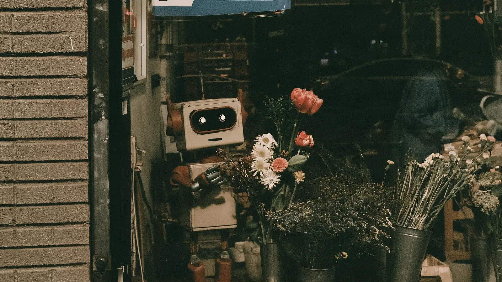 Illustration of a florist robot holding a bouquet outside a flower shop.