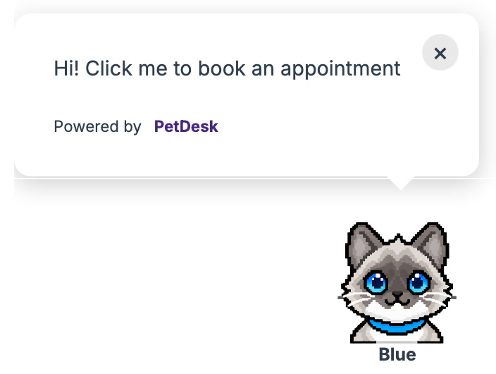 Blue, the pixel-art cat helper, inviting visitors to book an appointment