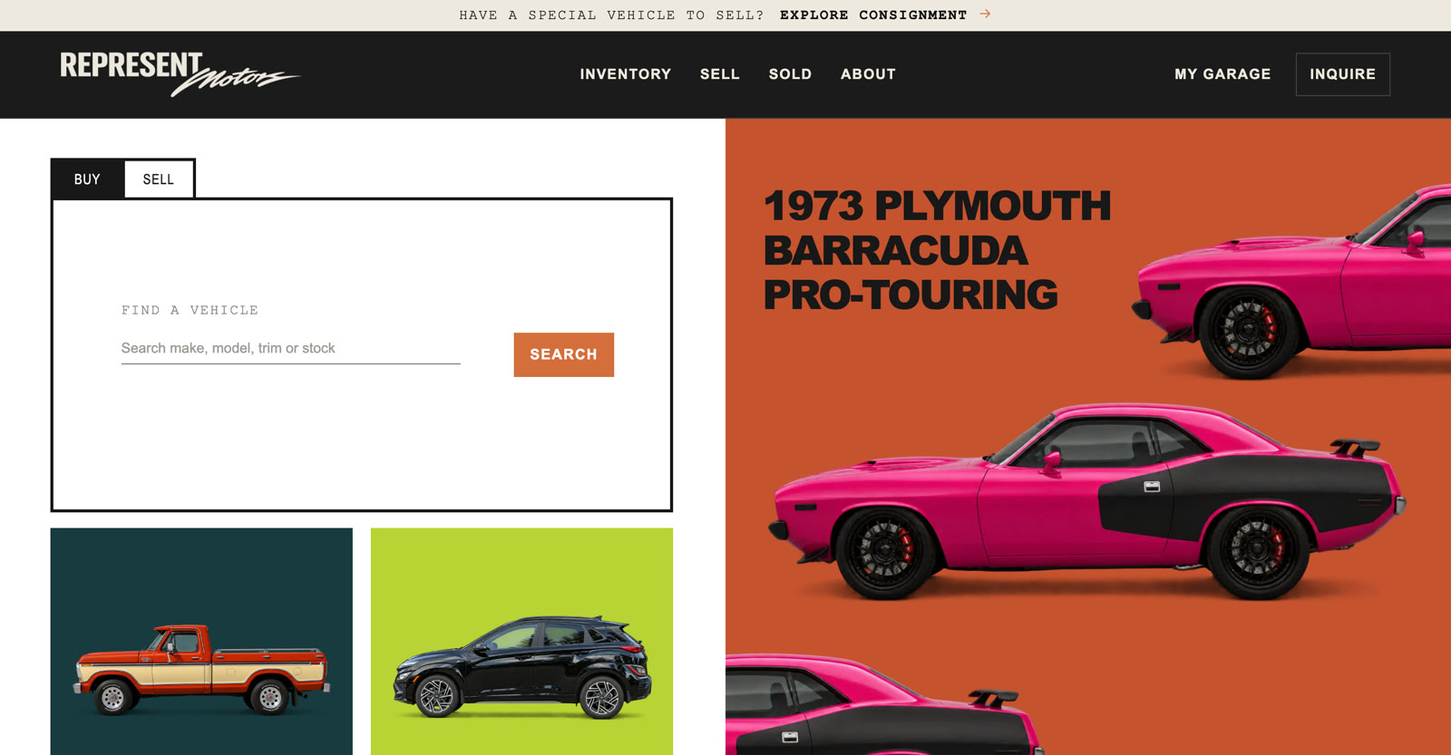 The Represent Motors homepage with vehicle search and a featured 1973 Plymouth Barracuda